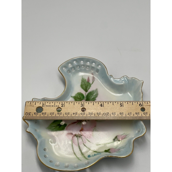 Hand Painted Reticulated Porcelain Trinket Dresser Jewelry Dish Signed Date 1961 - Picture 5 of 8